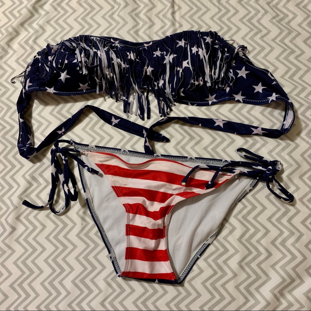 Strapless American flag fringe bikini
